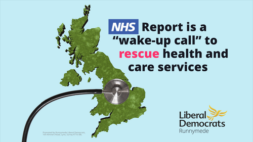 Graphic showing British Isles with NHS report is a wake up call & a stethoscope